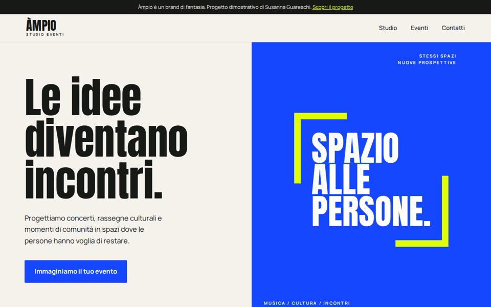 Home page del sito Àmpio Studio Eventi, con il titolo Le idee diventano incontri e il riquadro blu Spazio alle persone