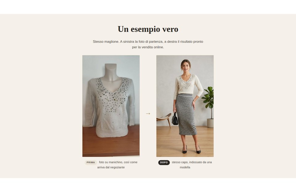 Pagina del sito Vesti.Online con il confronto prima e dopo: un maglione su manichino e lo stesso maglione indossato da una modella